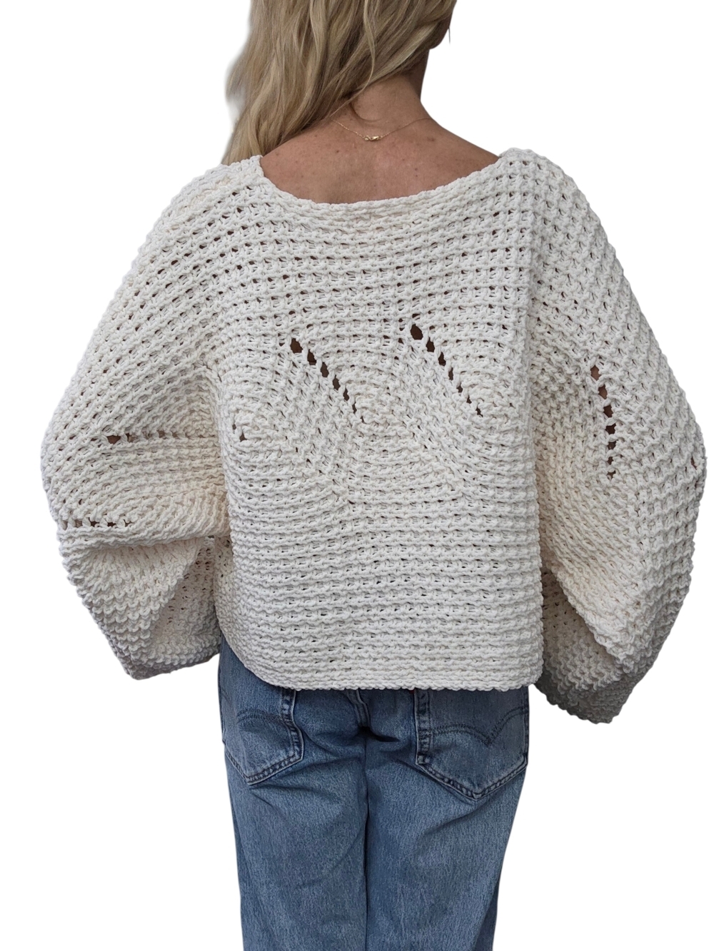 POL Crochet Sweater Cream Open Knit Cropped Bell Sleeve Boho Coastal M - Picture 5 of 9